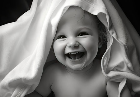 young baby peeking over a white towelの素材