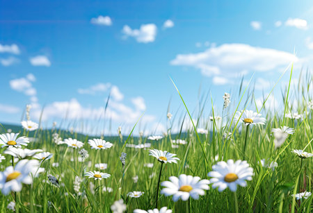 a field with daisies and beautiful blue skyの素材