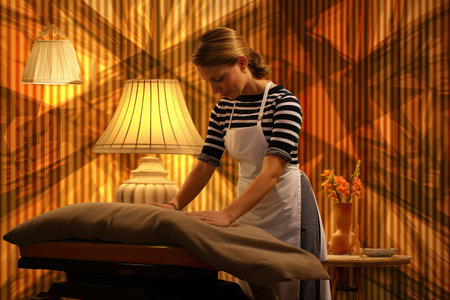 Comfortable bed with massage, surrounded by art, plants, and wood in a bedroom.の素材