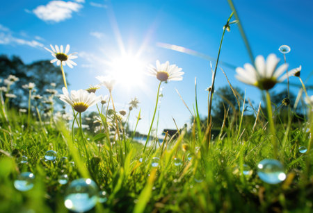 a field with daisies and beautiful blue skyの素材