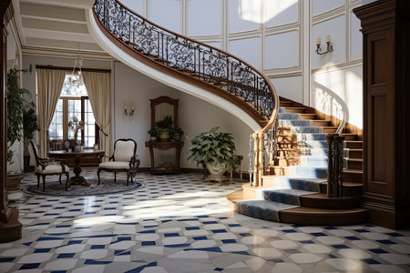 entrance area of traditional style home with angled stairsの素材