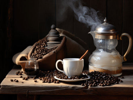 cup of coffee sitting on a saucer with coffee beansの素材