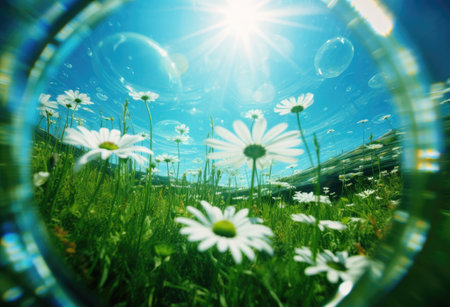 a field with daisies and beautiful blue skyの素材