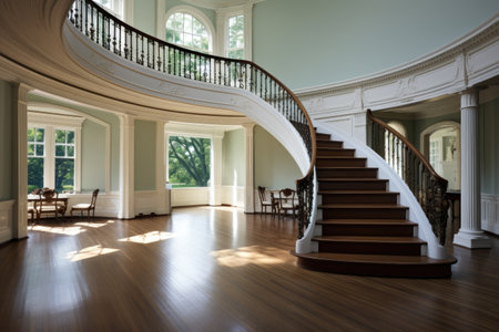 entrance area of traditional style home with angled stairsの素材
