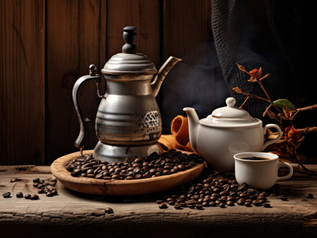 cup of coffee sitting on a saucer with coffee beansの素材