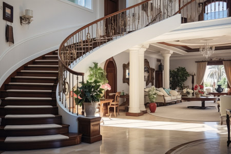 entrance area of traditional style home with angled stairsの素材