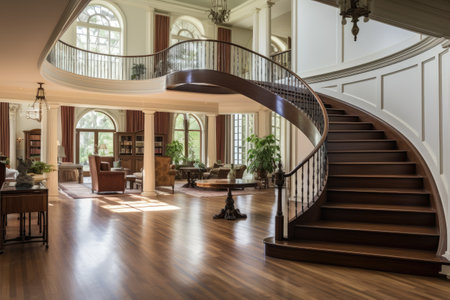 entrance area of traditional style home with angled stairsの素材