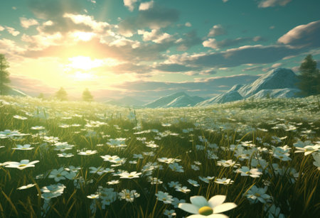 a field with daisies and beautiful blue skyの素材