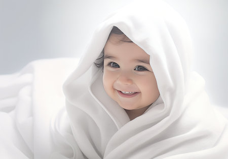young baby peeking over a white towelの素材