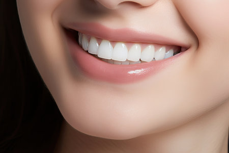 woman smiling wearing white dental flossの素材
