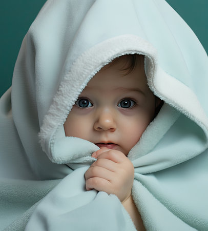 young baby peeking over a white towelの素材