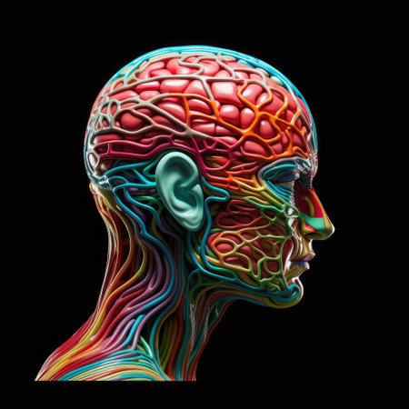 human head depicting a colorful outline of the brainの素材