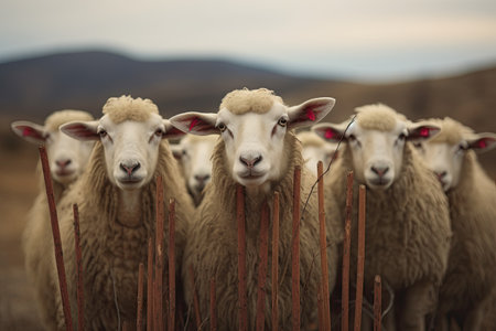 a group of sheep looking at the cameraの素材