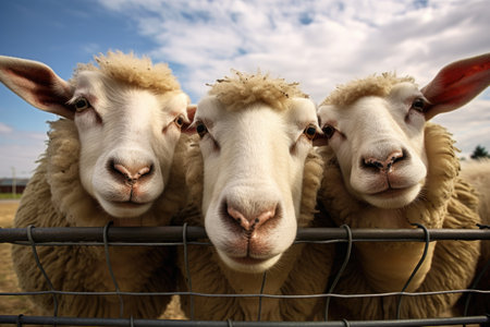 a group of sheep looking at the cameraの素材