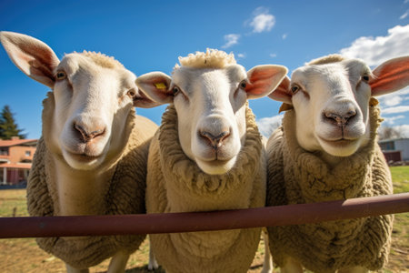 a group of sheep looking at the cameraの素材