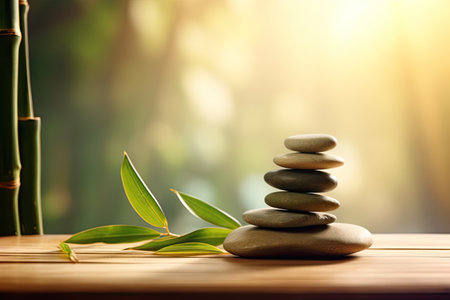 stones on a table with bamboo and leavesの素材