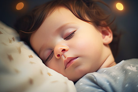 young baby sleeping on a white bedの素材