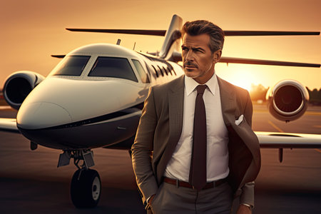 businessman near a plane sitting on the runwayの素材