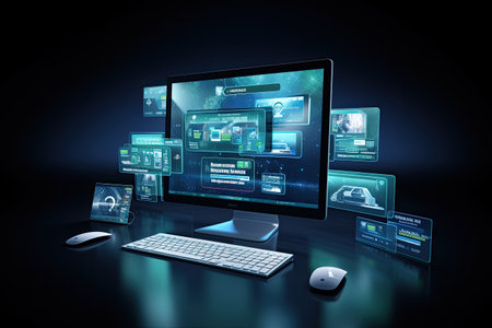 website displaying several screens on a computerの素材