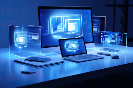 website displaying several screens on a computerの素材