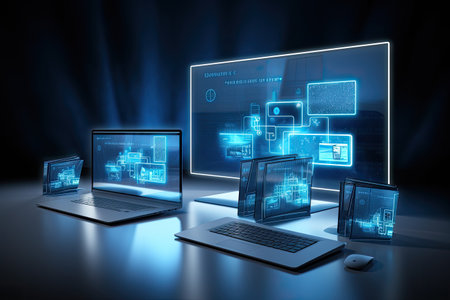 website displaying several screens on a computerの素材