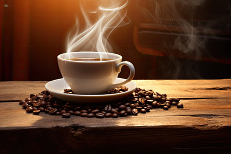 steaming cup and beans on the old wooden surfaceの素材