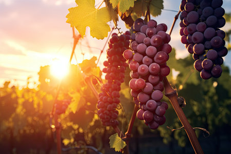 sunset in a vineyard with grapesの素材