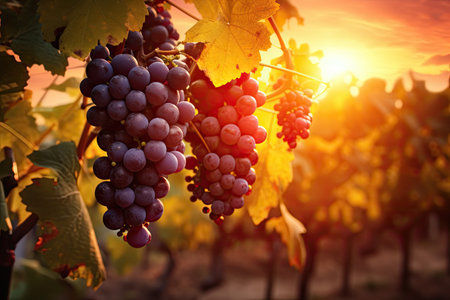 sunset in a vineyard with grapesの素材