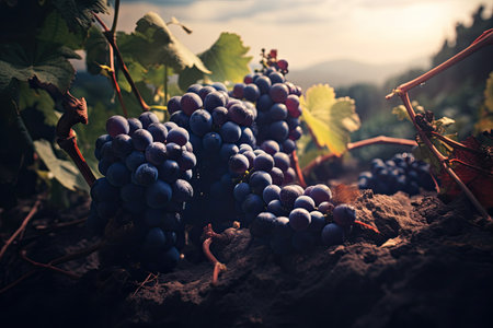 sunset in a vineyard with grapesの素材
