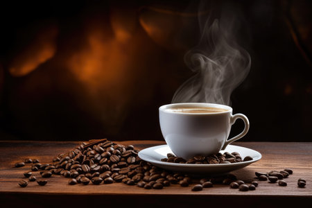 steaming cup and beans on the old wooden surfaceの素材