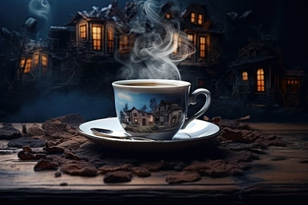 steaming cup and beans on the old wooden surfaceの素材