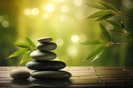 stones on a table with bamboo and leavesの素材