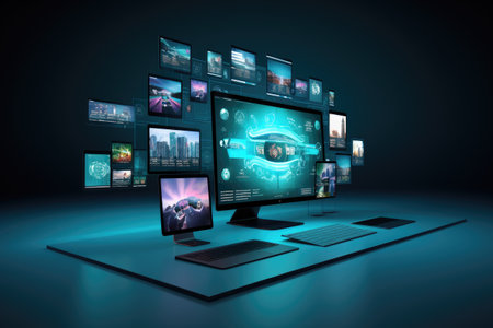 website displaying several screens on a computerの素材