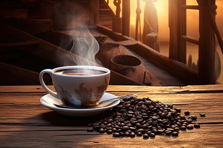 steaming cup and beans on the old wooden surfaceの素材