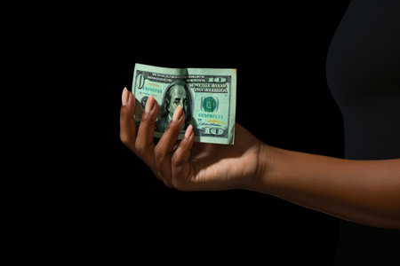 woman standing up holding a dollar fakeの素材