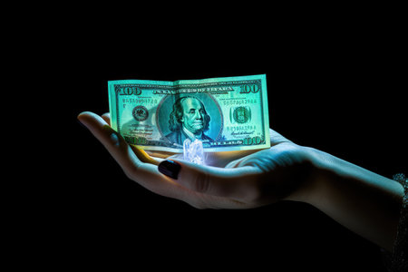 woman standing up holding a dollar fakeの素材
