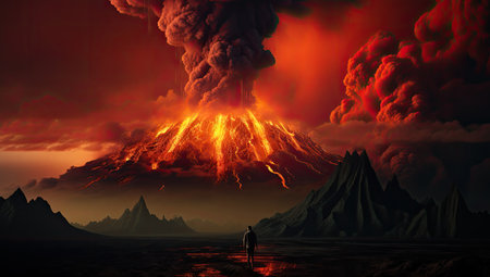 a volcano with hot lava flowing throughの素材