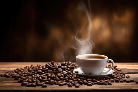 steaming cup and beans on the old wooden surfaceの素材