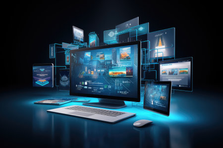 website displaying several screens on a computerの素材