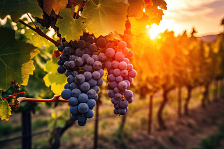 sunset in a vineyard with grapesの素材