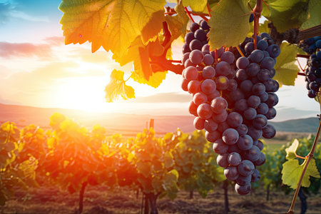 sunset in a vineyard with grapesの素材