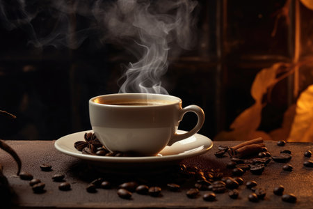 steaming cup and beans on the old wooden surfaceの素材