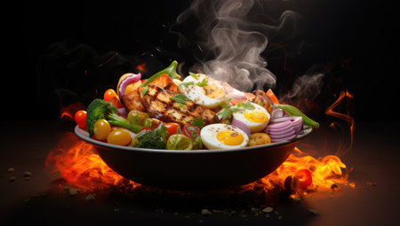 skewering fire engulfed dish with various vegetablesの素材
