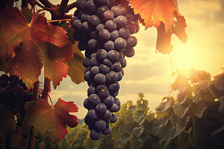sunset in a vineyard with grapesの素材