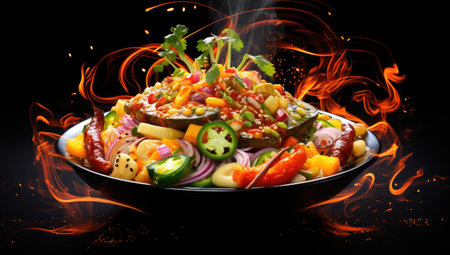 skewering fire engulfed dish with various vegetablesの素材