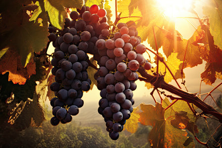sunset in a vineyard with grapesの素材