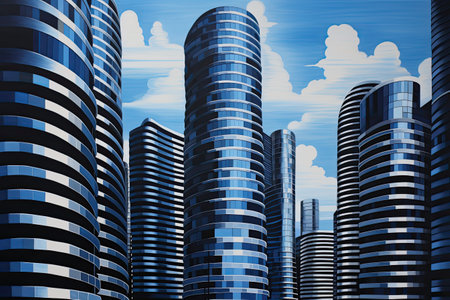 the tall buildings are reflecting in the blue skyの素材