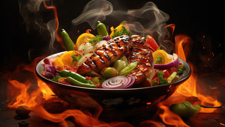 skewering fire engulfed dish with various vegetablesの素材