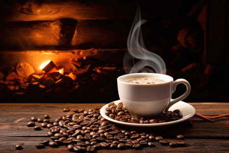 steaming cup and beans on the old wooden surfaceの素材