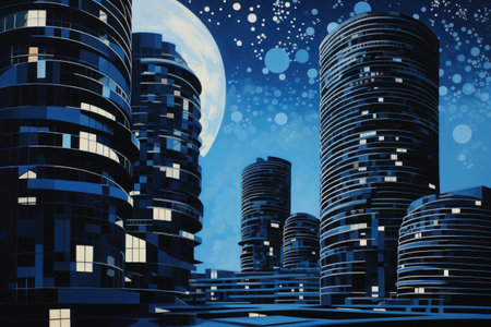 the tall buildings are reflecting in the blue skyの素材